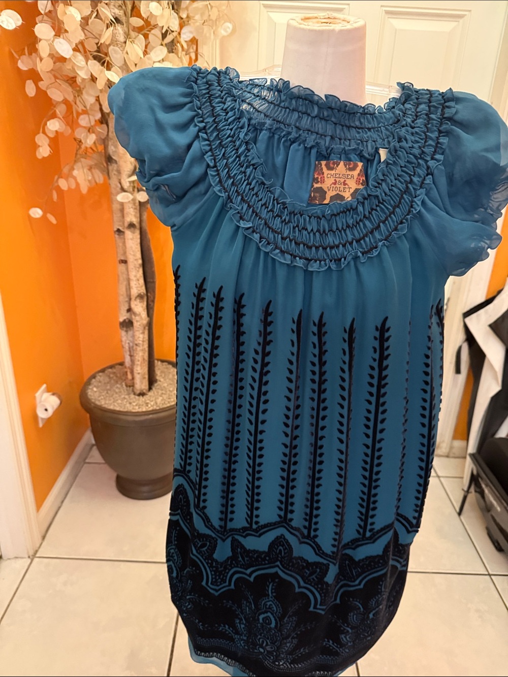 Chelsea & Violet Blue Teal Puff-Sleeve Embroidered Tunic Top
